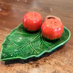 Ceramic Tomato Salt and Pepper Shakers on Leaf Tray